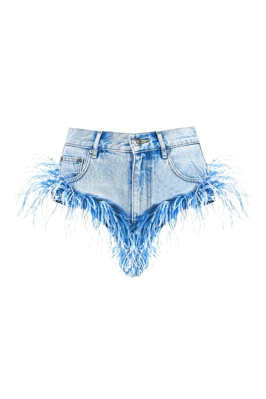 Women Area Shorts & Skirts | Feather Trim Light Denim Shorts