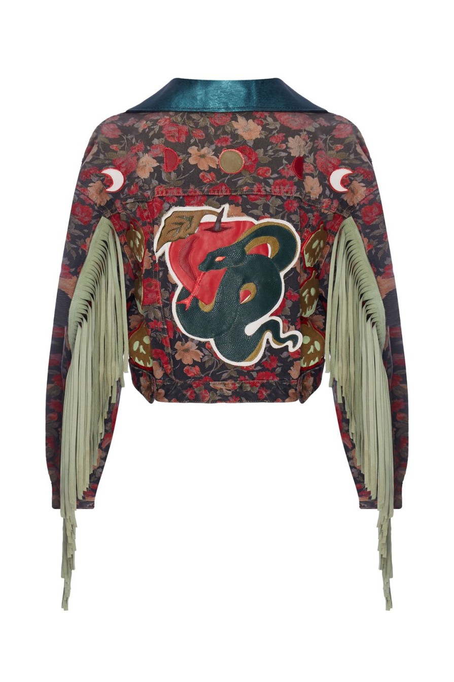 Women Momma's Blues Coats | Temptation' Floral Fringed Jacket With Apple And Serpent