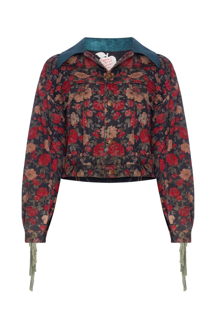 Women Momma's Blues Coats | Temptation' Floral Fringed Jacket With Apple And Serpent