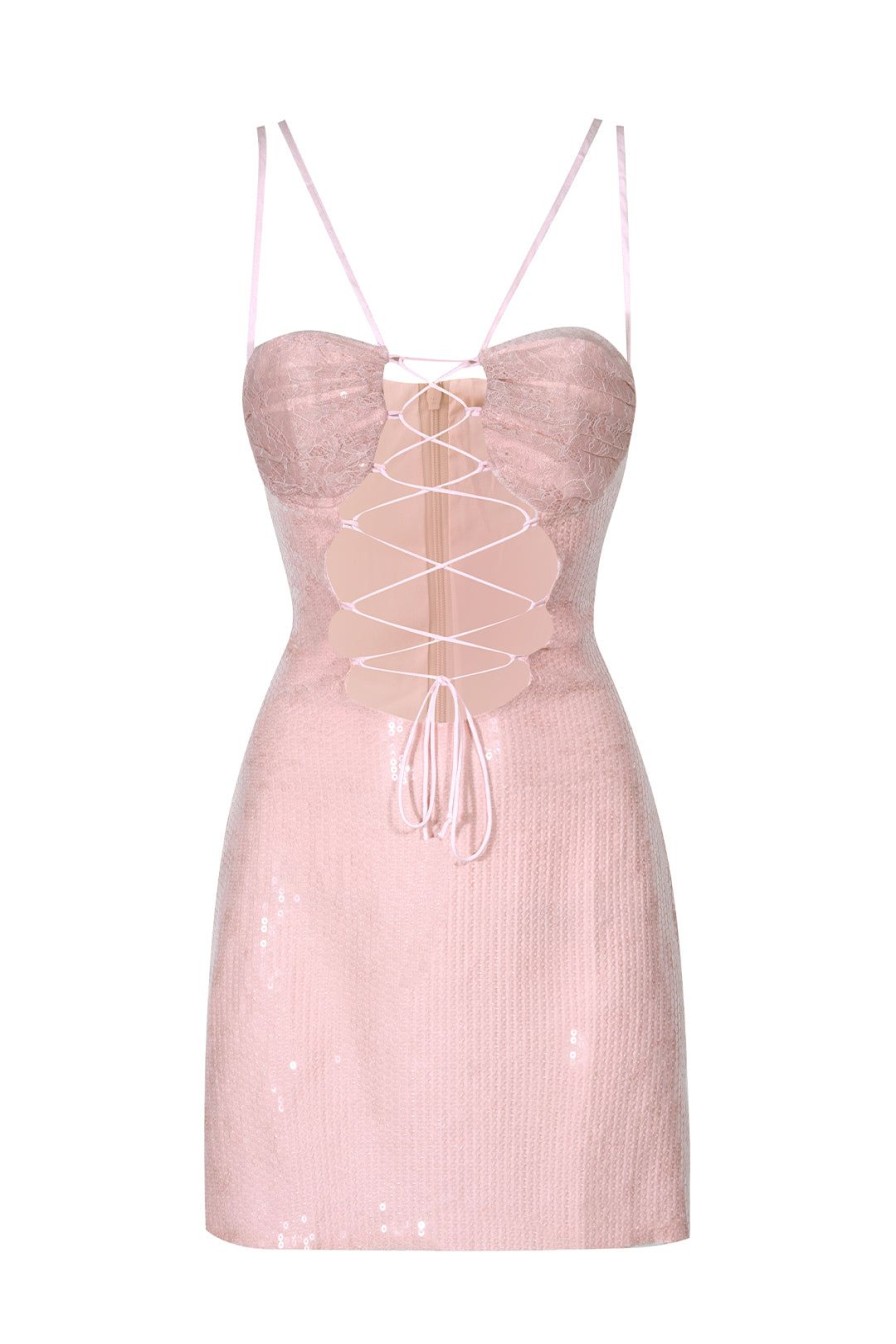 Women Kim Shui Dresses | Pink Lace Up Pailette Mini Dress