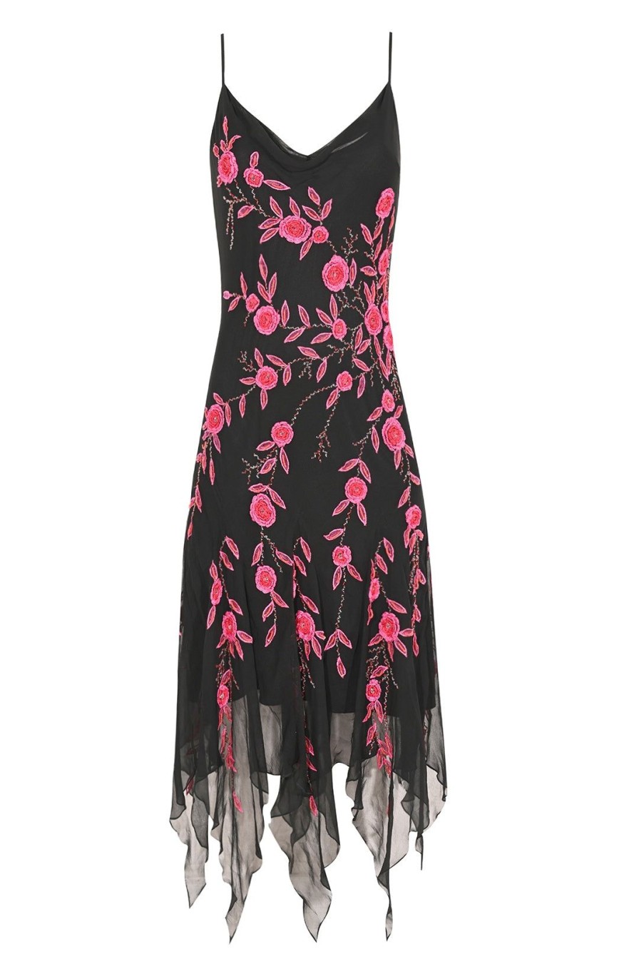 Women Annie's Archive Dresses | Black Pink Rose Beaded Silk Dress