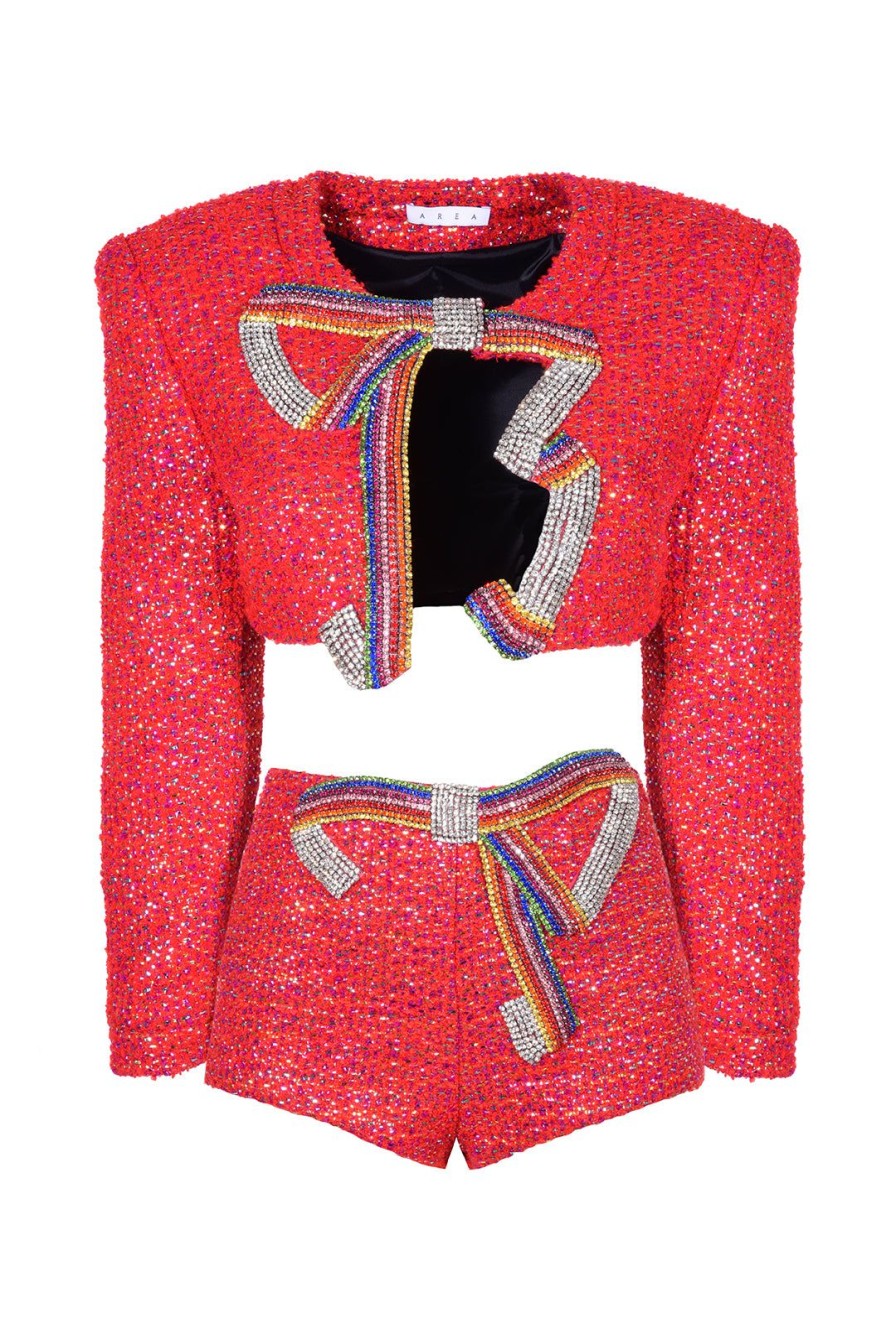 Women Area Coats | Embroidered Crystal Bow Cropped Jacket